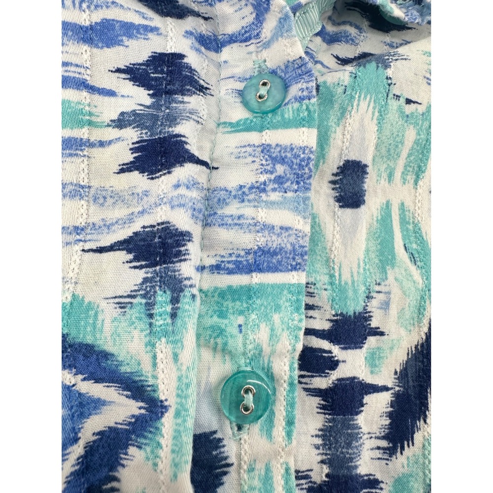 Allison Daley Plus 1X Blue Ikat Patchwork Cotton Button Front 3/4 Sleeve Blouse - Picture 11 of 11